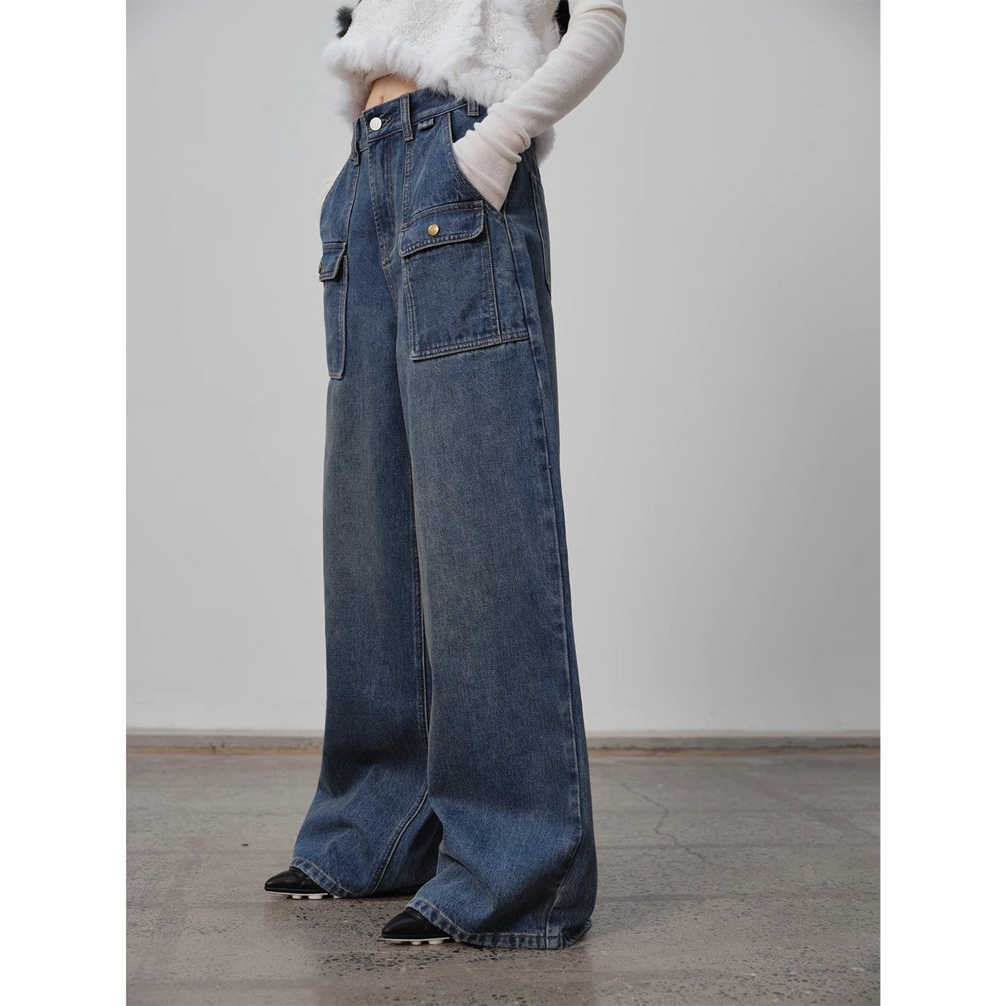 "Silent Deep Sea"Washed Vintage Blue Straight-Leg Workwear Jeans for Women, Loose Wide-Leg High-Waisted Pants