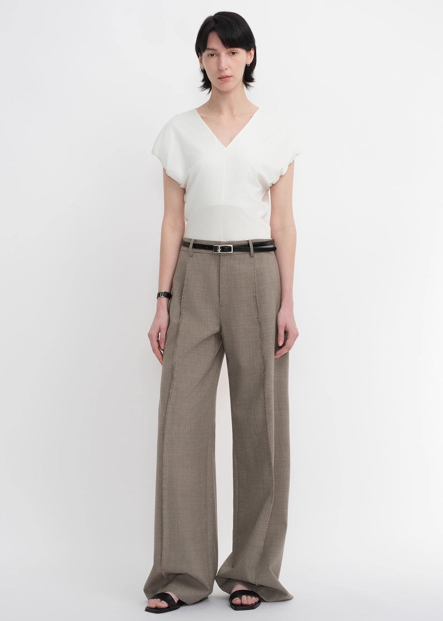 Worsted Wool Commuter Classic Drapey Raw Edge Loose Straight Wide-Leg Pants