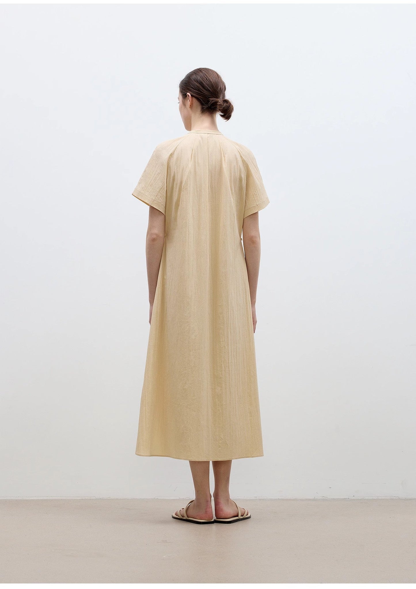 Cotton Stand Collar Pleated Short Sleeve Shirt Dress for Women