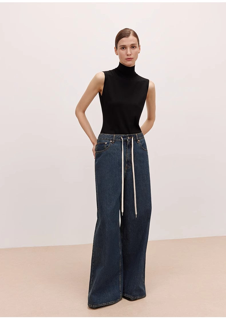 "Retro Blues" Fashionable High Waist Pleated Design Washed Casual Wide Leg Jeans for Women