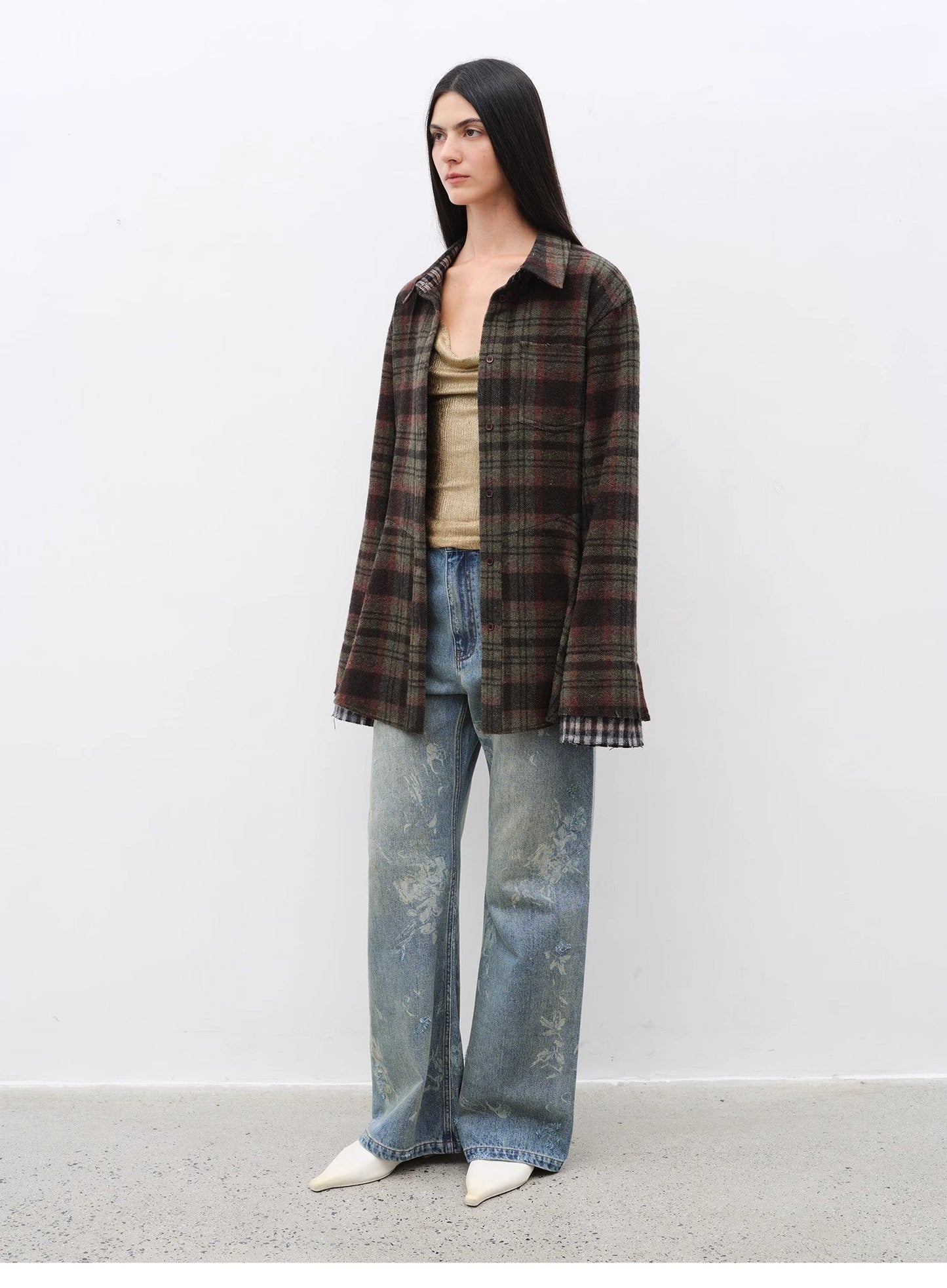 "Denim Shadow"retro Washed Printed Layered Casual Slimming Cotton Bootcut Jeans