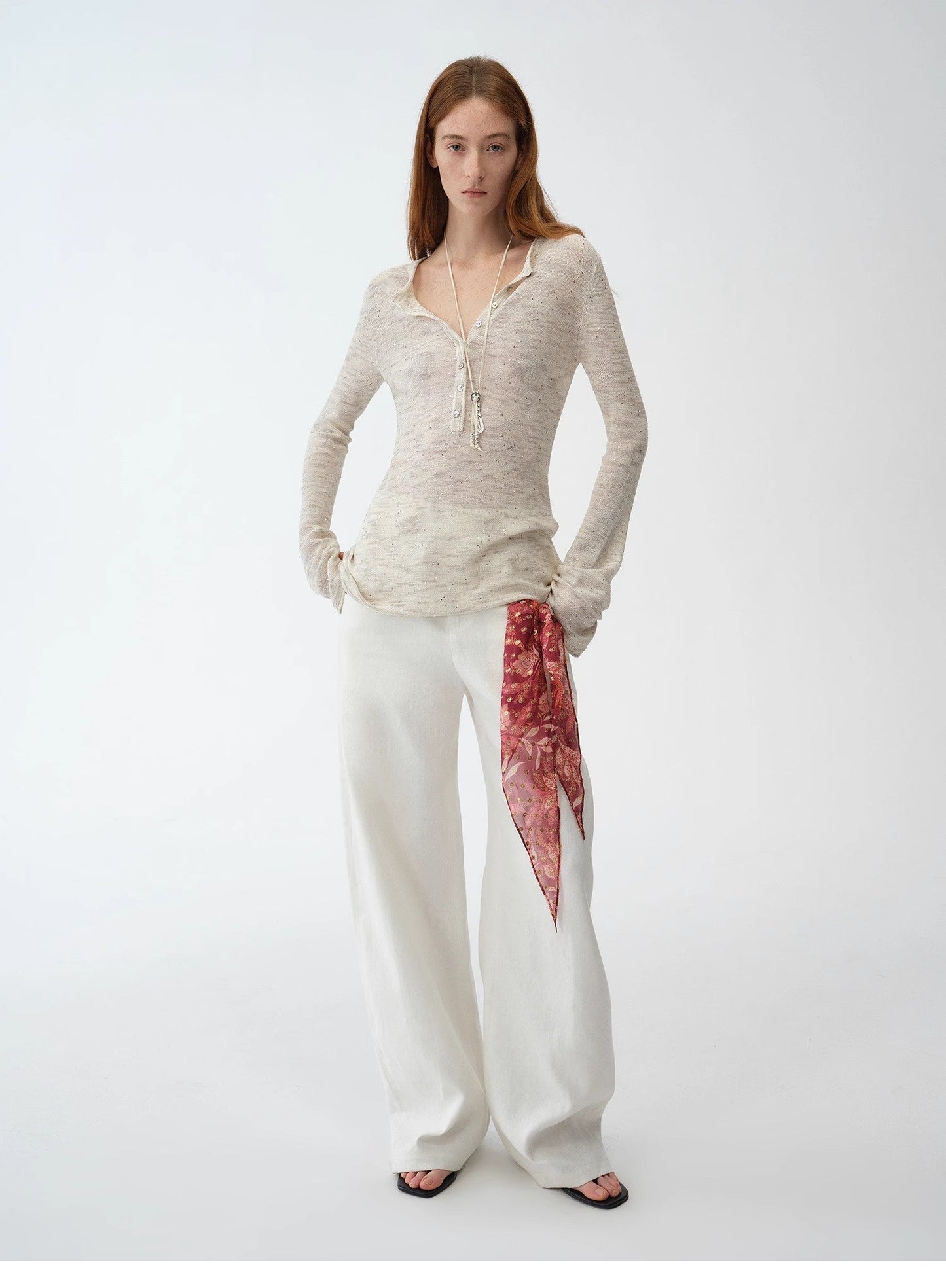 Cotton and Linen Beaded Fancy Yarn Waisted Bell Sleeves Round Neck Knitted Top