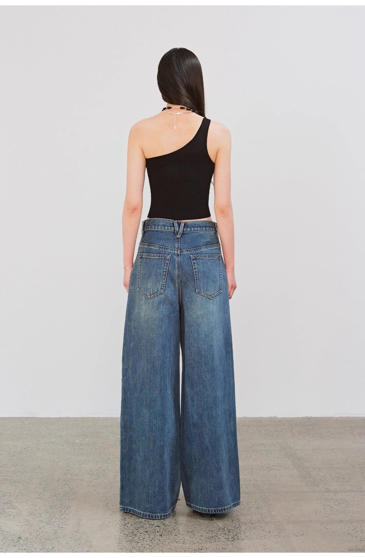 "Silent Deep Sea"Washed Vintage Blue Straight-Leg Workwear Jeans for Women, Loose Wide-Leg High-Waisted Pants