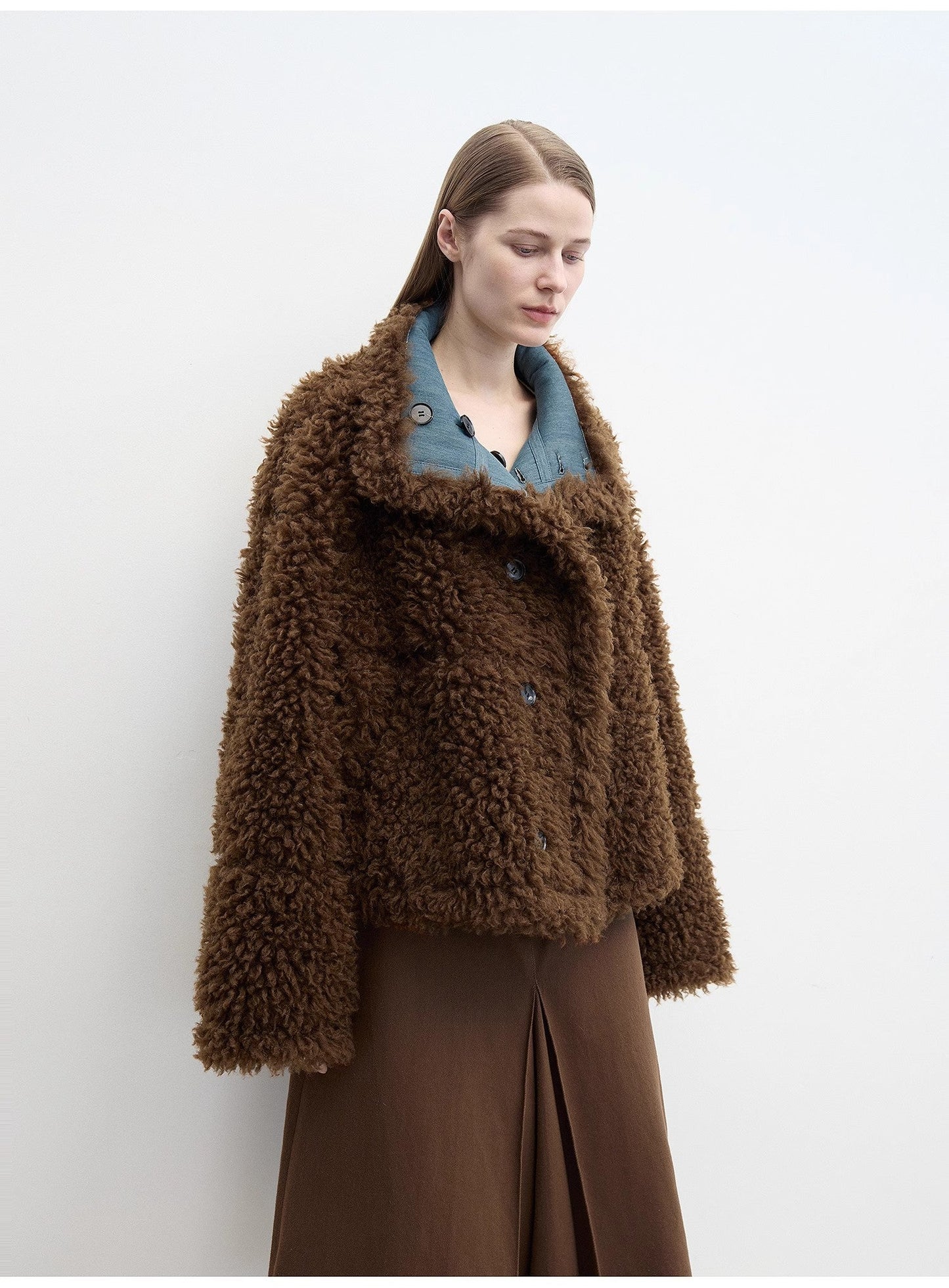 "Mint Glacier"Flip Collar Reversible Shearling Denim Wool Jacket