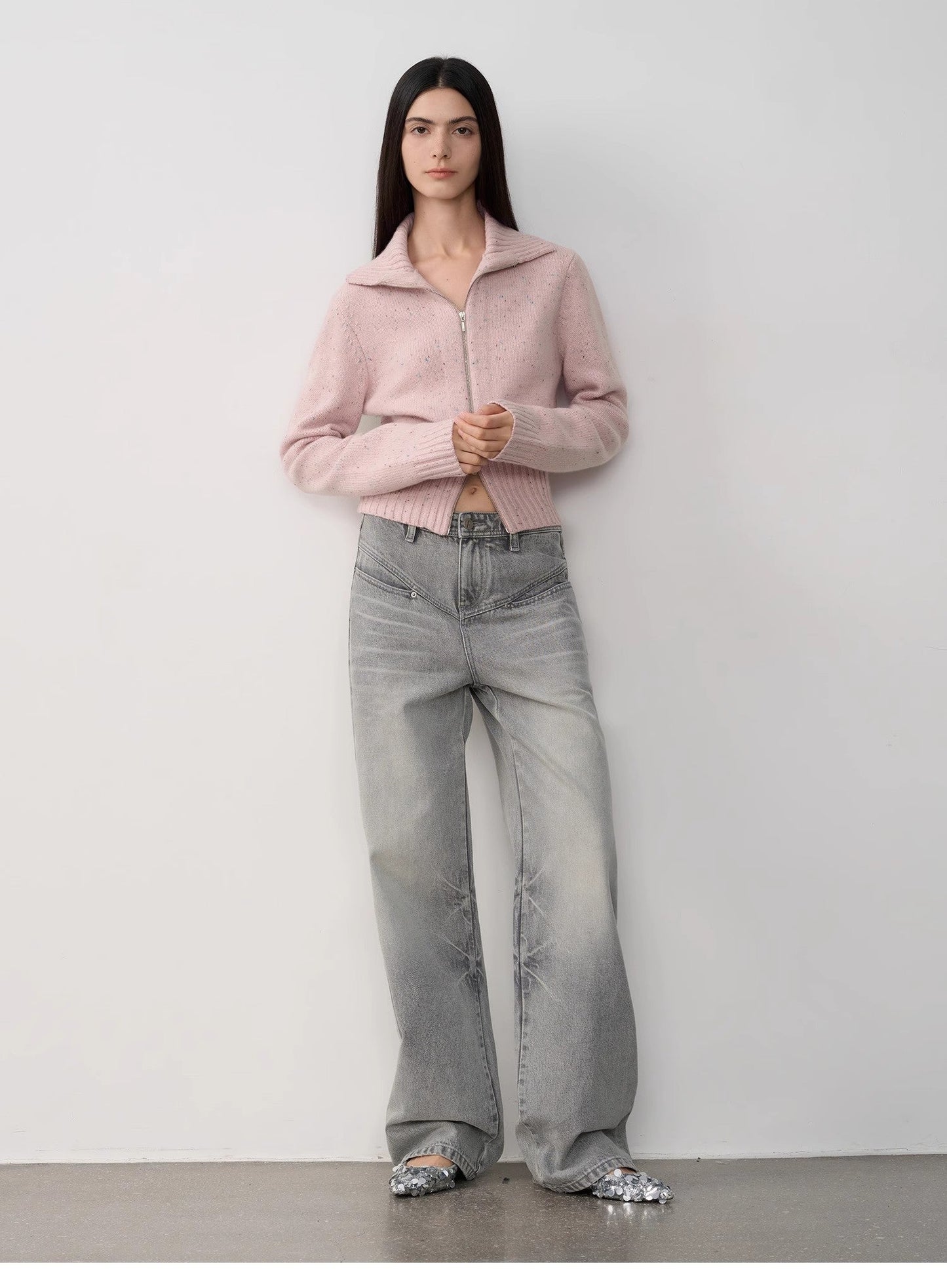 "Autumn Breeze Tea" Colorful Dotted Wool-Blend Double-Zip Knitted Cardigan Short Stand-Up Collar Sweater