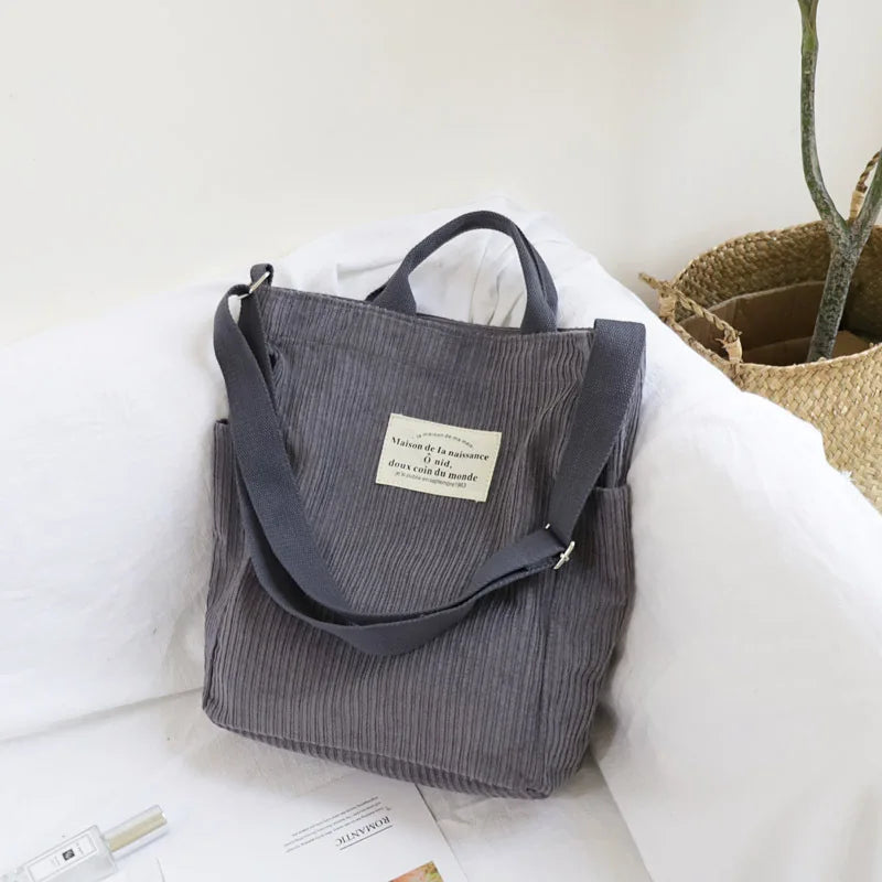 Women Corduroy Shoulder Bag Large Capacity Cloth Handbag Tote Female Crossbody Messenger Bags Ladies Simple Canvas Zipper Purses