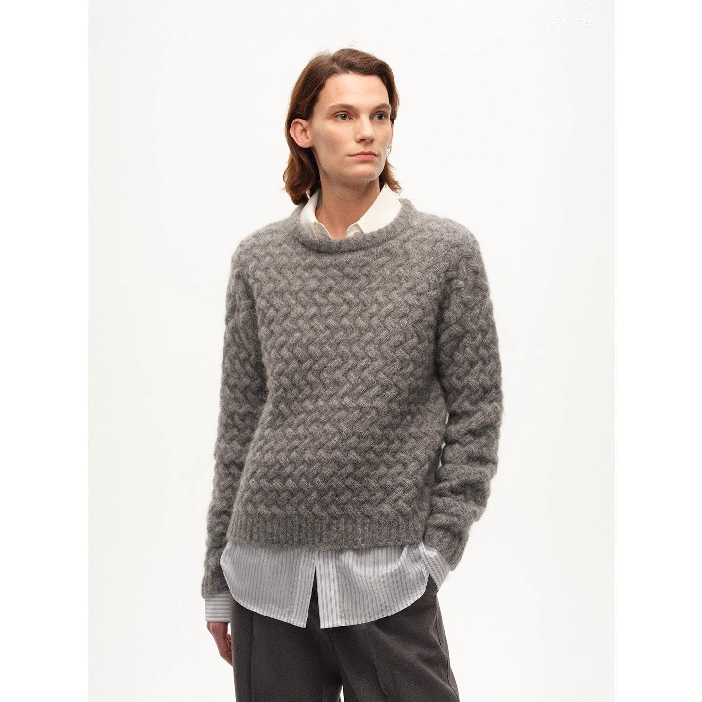 Classic Mohair Pullover Sweater w/ Textured Knit and Warmth-Enhancing Round Neck