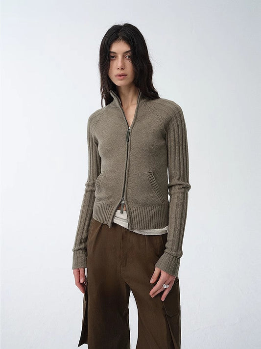 "Senna Melody" Oblique Placket Fine Merino Wool and Cotton Blend Zipper Knitted Cardigan Top for Women