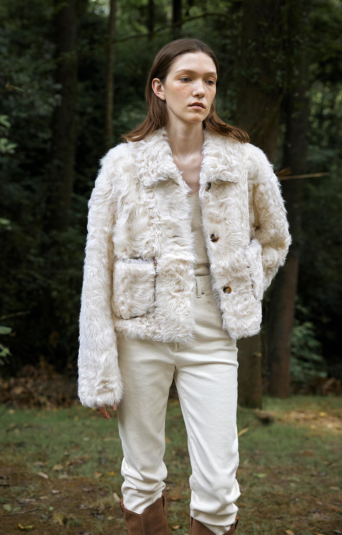 "Rachel" Frost-Smudged Two-Tone Sheepskin Lapel Coat