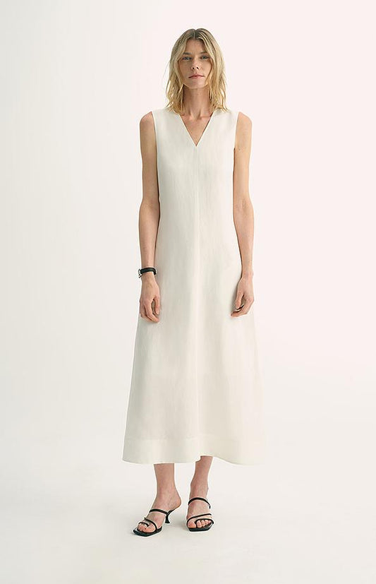 Linen Textured Anti-Wrinkle V-Neck Sleeveless A-Line Dress