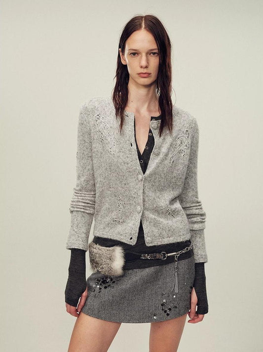 Original Heavy Paisley Embroidery Alpaca Blend Knitted Cardigan for Women "Spring Love Poem"