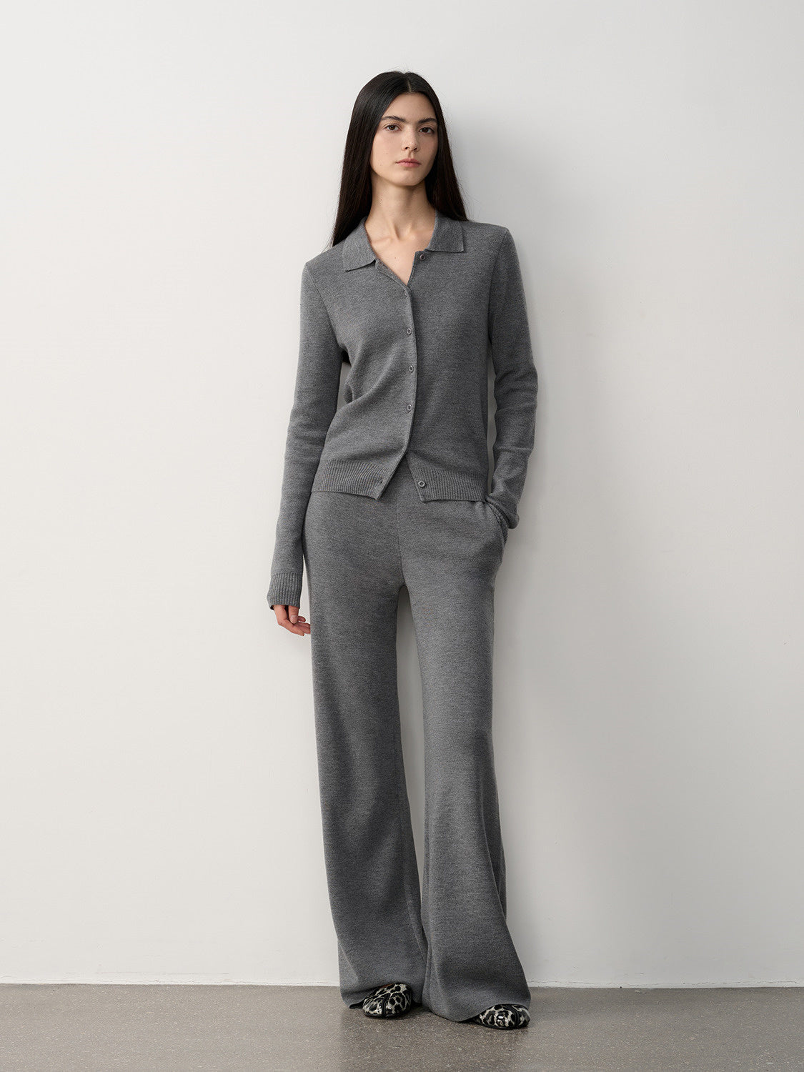 "Lazy Urban" Yangtze Merino Wool Polo-Neck Cardigan Straight-Leg Knitted Pants Suit
