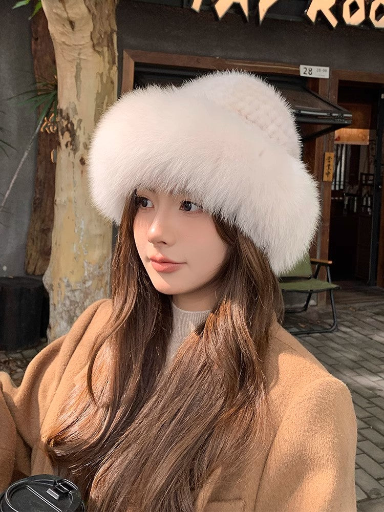 Mink Fur Hat Women Autumn Winter Fox Fur Bucket Hat
