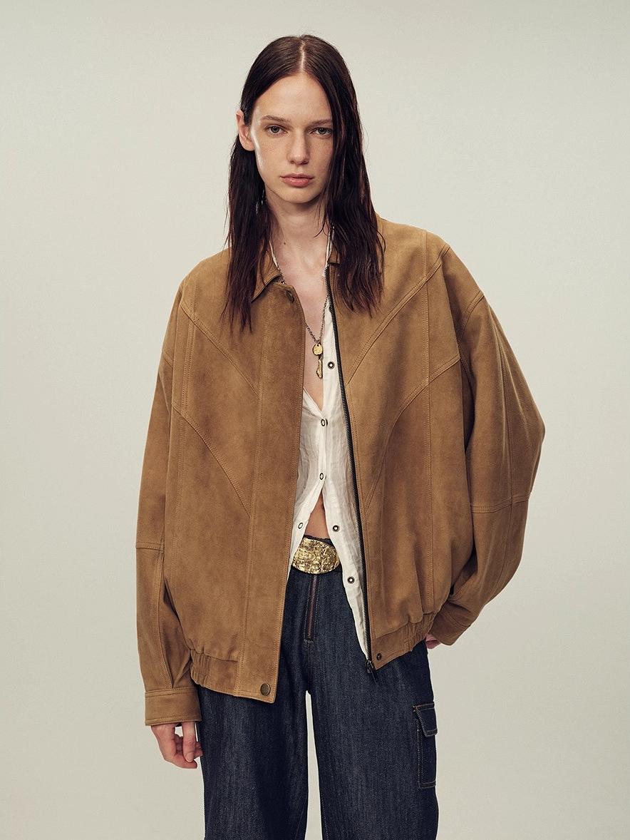 Fireladyfur Women's Suede Top-Grain Sheepskin Leather Jacket