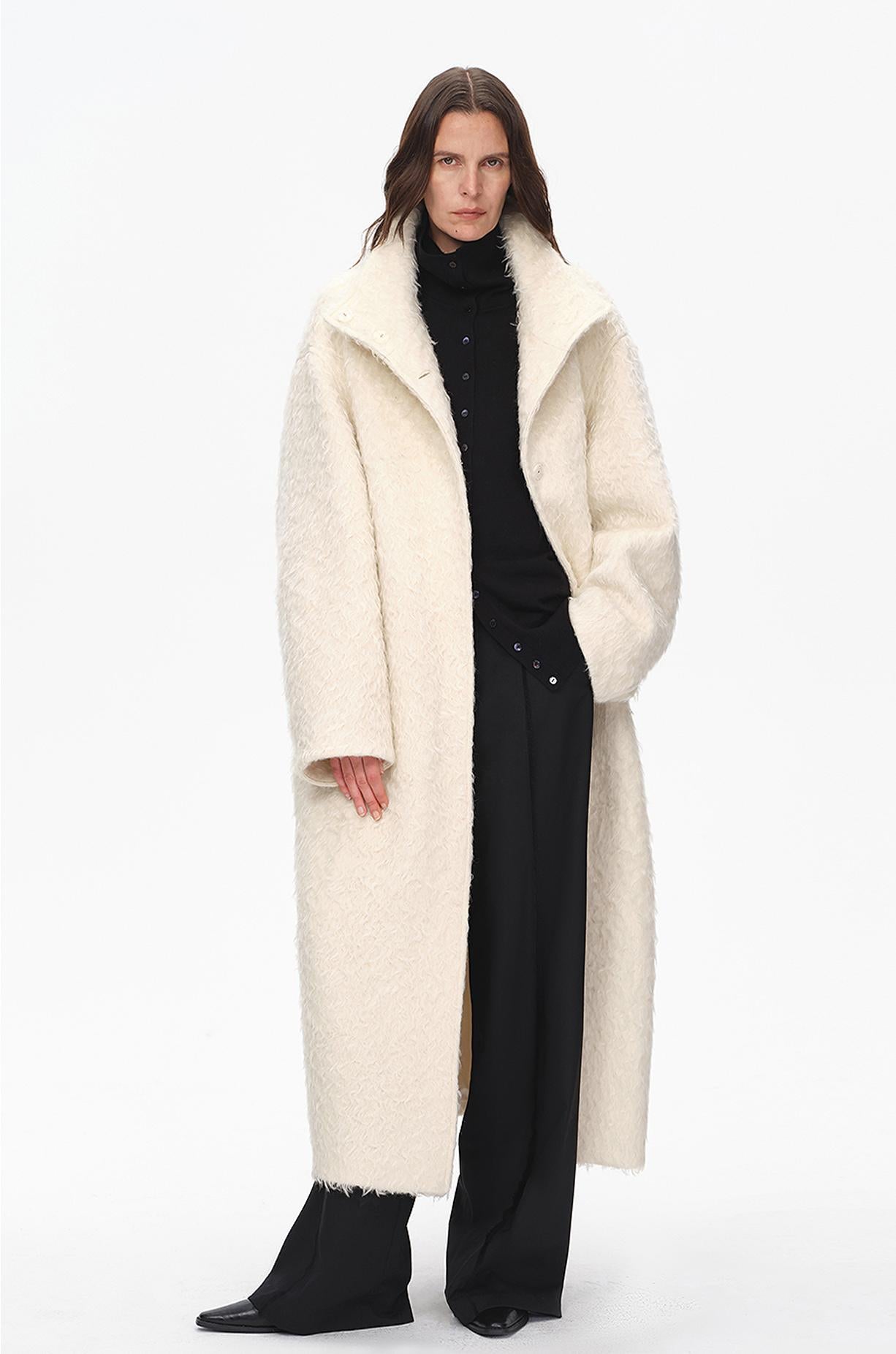 "Song of Snowland"Women's Mohair Wool Stand Collar Coat Autumn and Winter Loose Woolen Coat