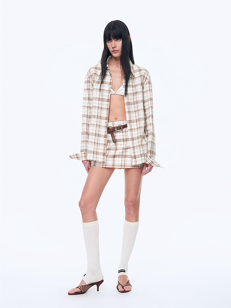 "Plaid Sketch" Vintage Linen Shirt Skirt Two-Piece Spring