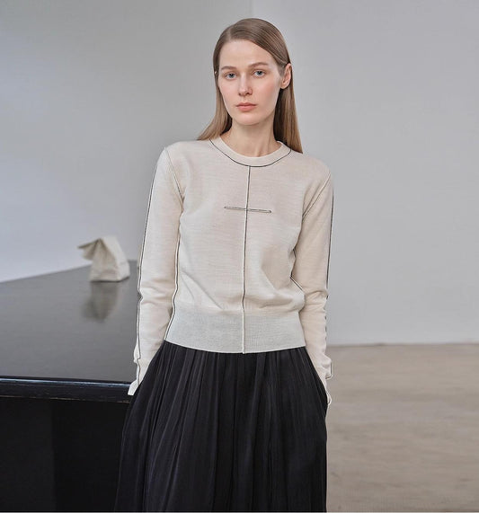 “Imbell"Imported Yangtze 30NM Contrast Stitch Wool Knit Skin-Friendly Short Top