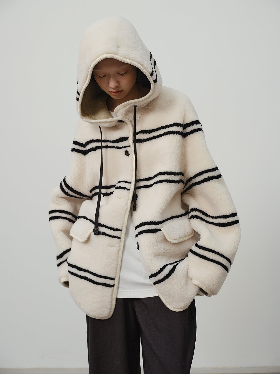 Snowy New Year Merino Sheepskin Lamb Wool Striped Jacket