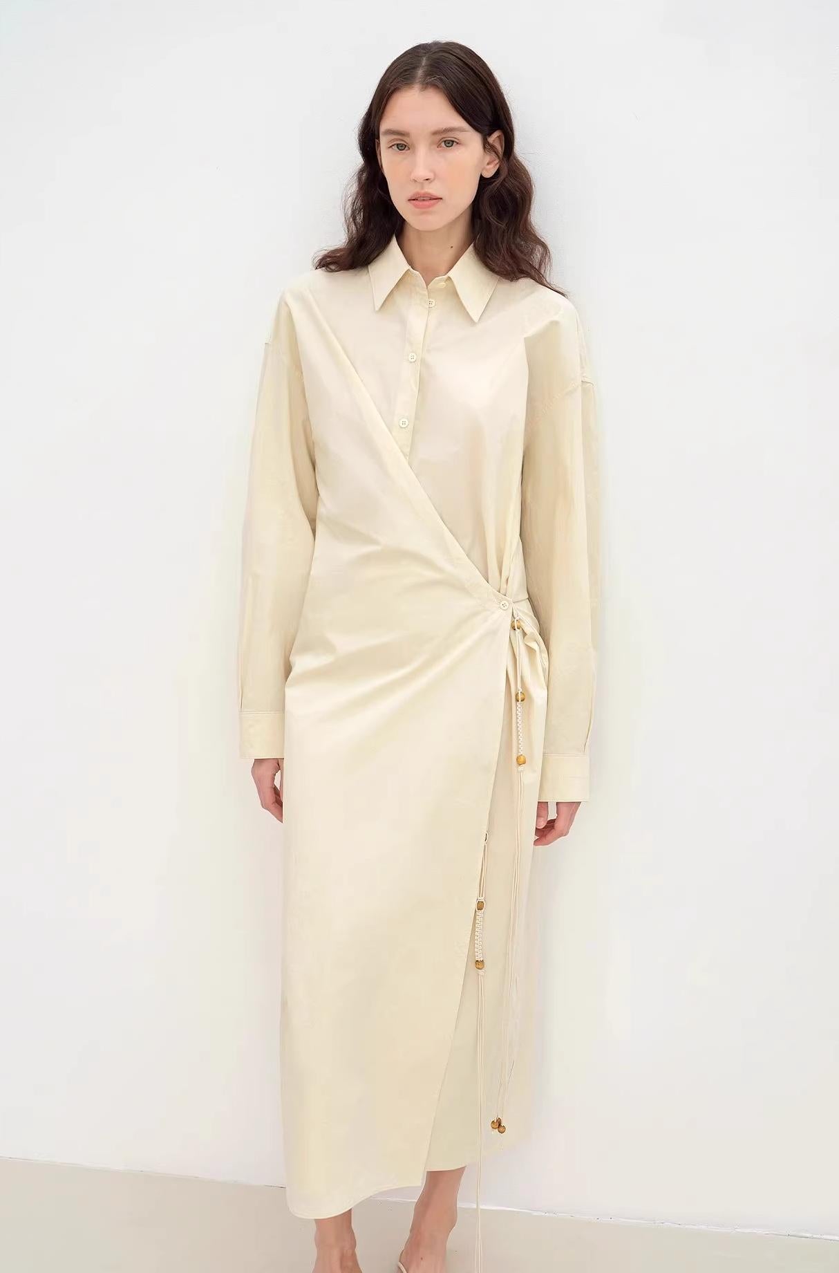 "Romantic Vibes" Cross-Placket Loose Long-Staple Cotton Shirt Dress