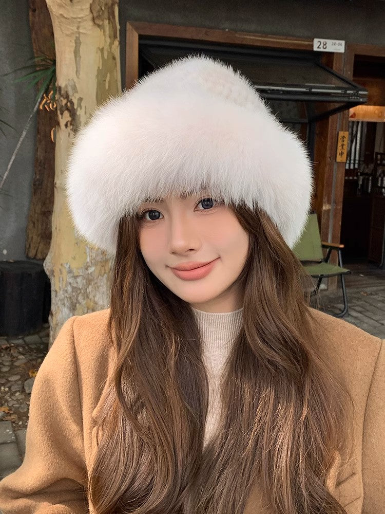 Mink Fur Hat Women Autumn Winter Fox Fur Bucket Hat