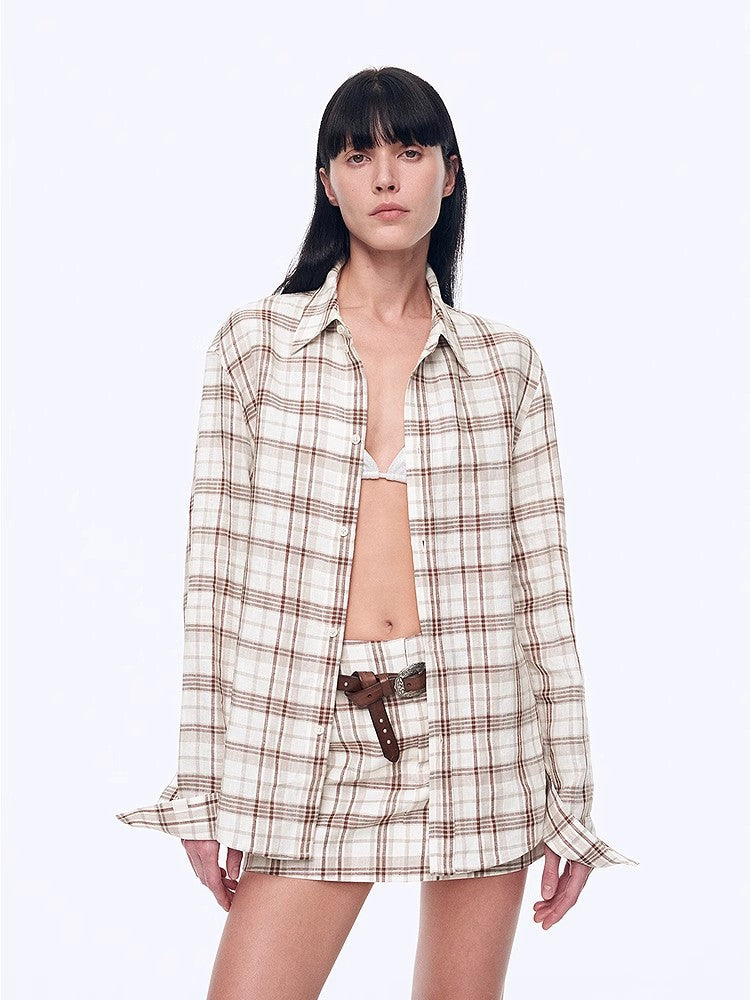 "Plaid Sketch" Vintage Linen Shirt Skirt Two-Piece Spring