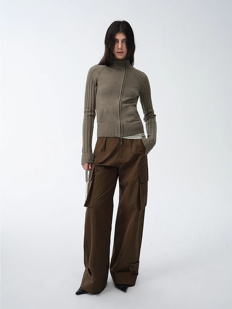 "Senna Melody" Oblique Placket Fine Merino Wool and Cotton Blend Zipper Knitted Cardigan Top for Women