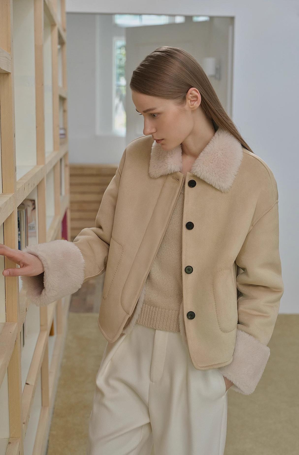 Fireladyfur Women's Casual Shearling Jacket With Furry Lapel"Slightly Sweet Latte"