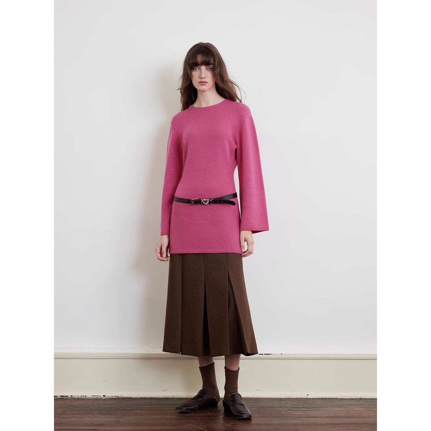 Merino Wool Fashionable Waist Slimming Trumpet Sleeve Sweater for Women