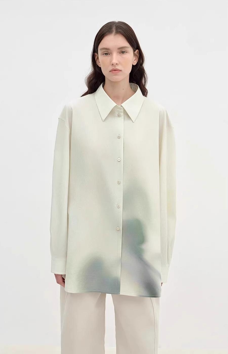 "Green Time" Lapel Side Slit Two-Wear Cotton Printed Shirt