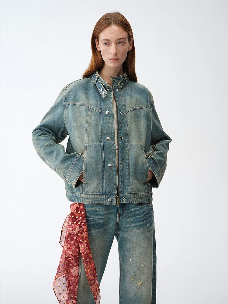 "Welsh" Original Leather Coating Process Distressed Motorcycle Style Stand Collar Short Denim Jacket