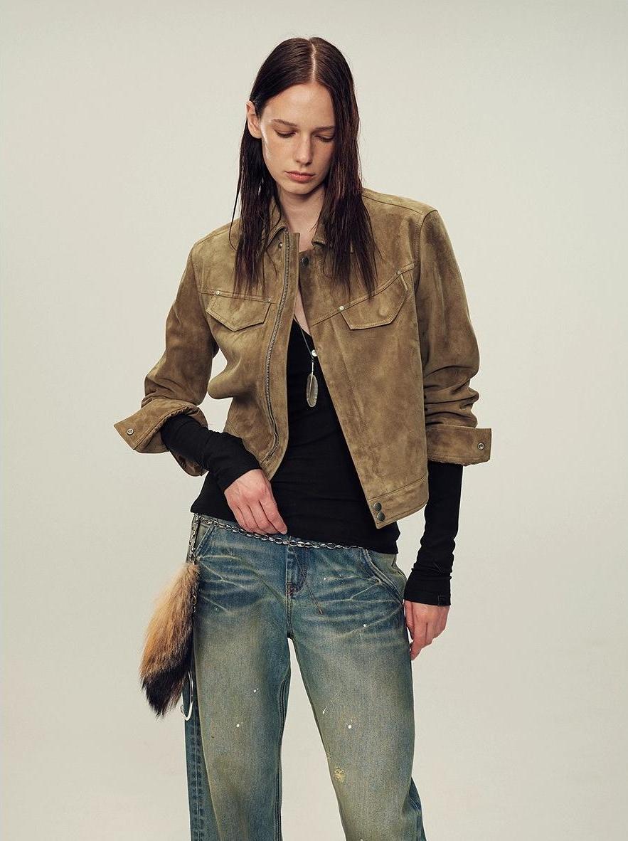 Women's Imported First-Layer Suede Sheepskin Short Autumn Leather Jacket
