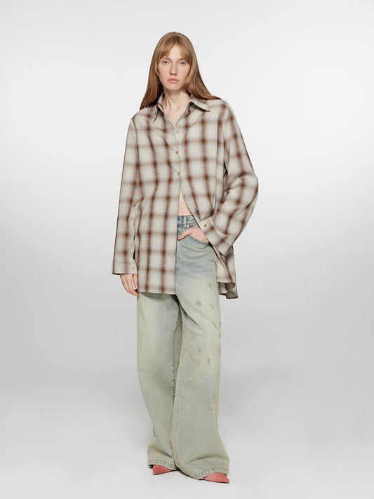"Tea Grid" High-Quality High-Count Cotton Loose Retro Plaid Shirt