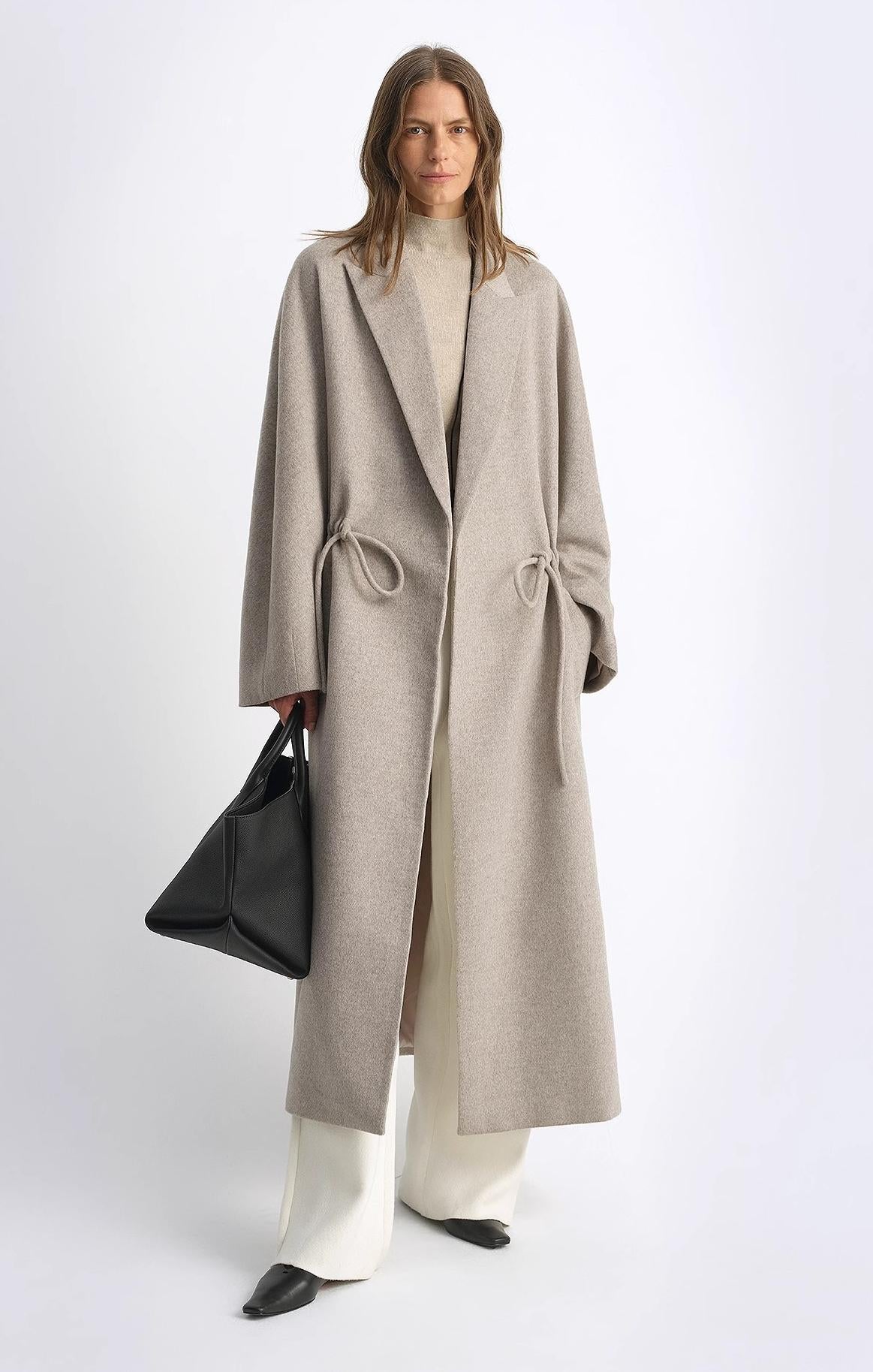 women's Original Color Wool Peaked Lapel Drawstring Mid-Length Wool Coat
