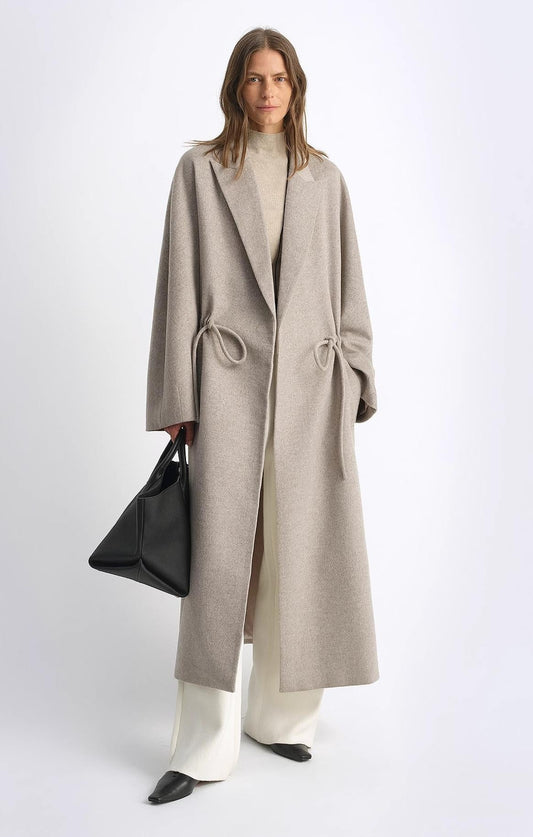 women's Original Color Wool Peaked Lapel Drawstring Mid-Length Wool Coat