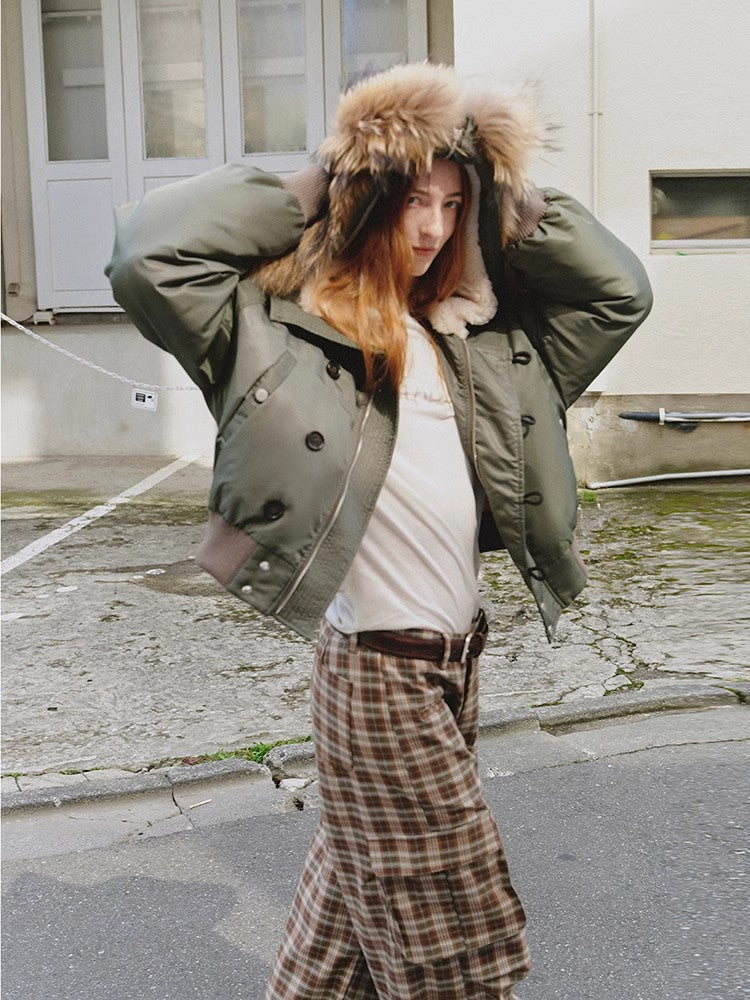 Fireladyfur Warm Short Style Jacket With a Large Fur Hood and Raccoon Fur"Cool and Sharp"