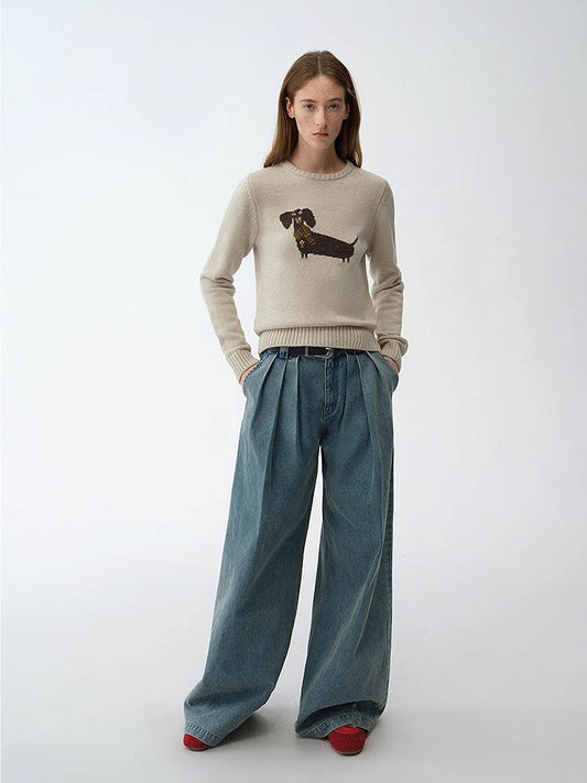 Wool Cotton Blend Animal Jacquard Round Neck Sweater for Women