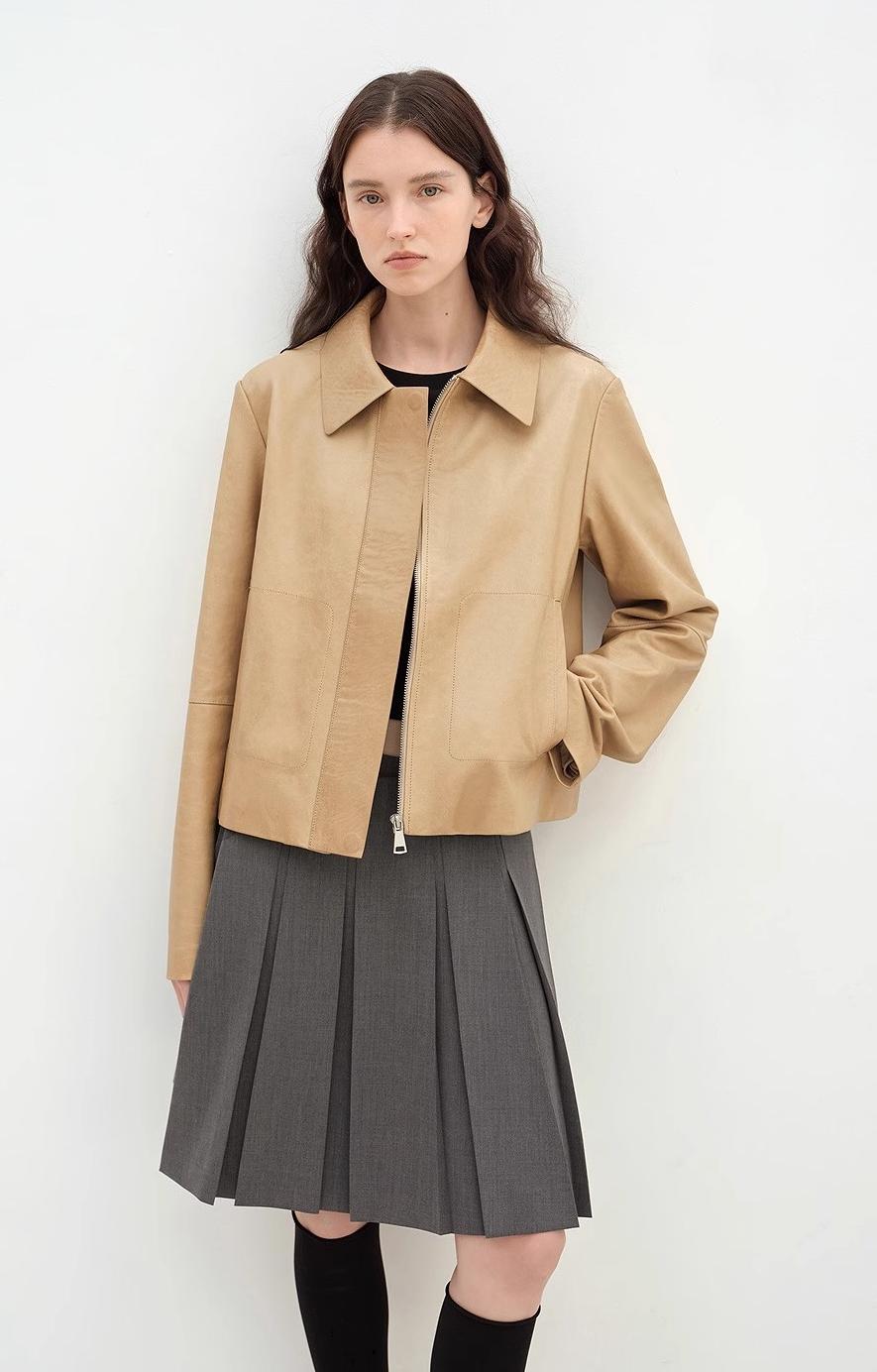 Two-Tone Wax Sheepskin Short Jacket Leather Coat Women