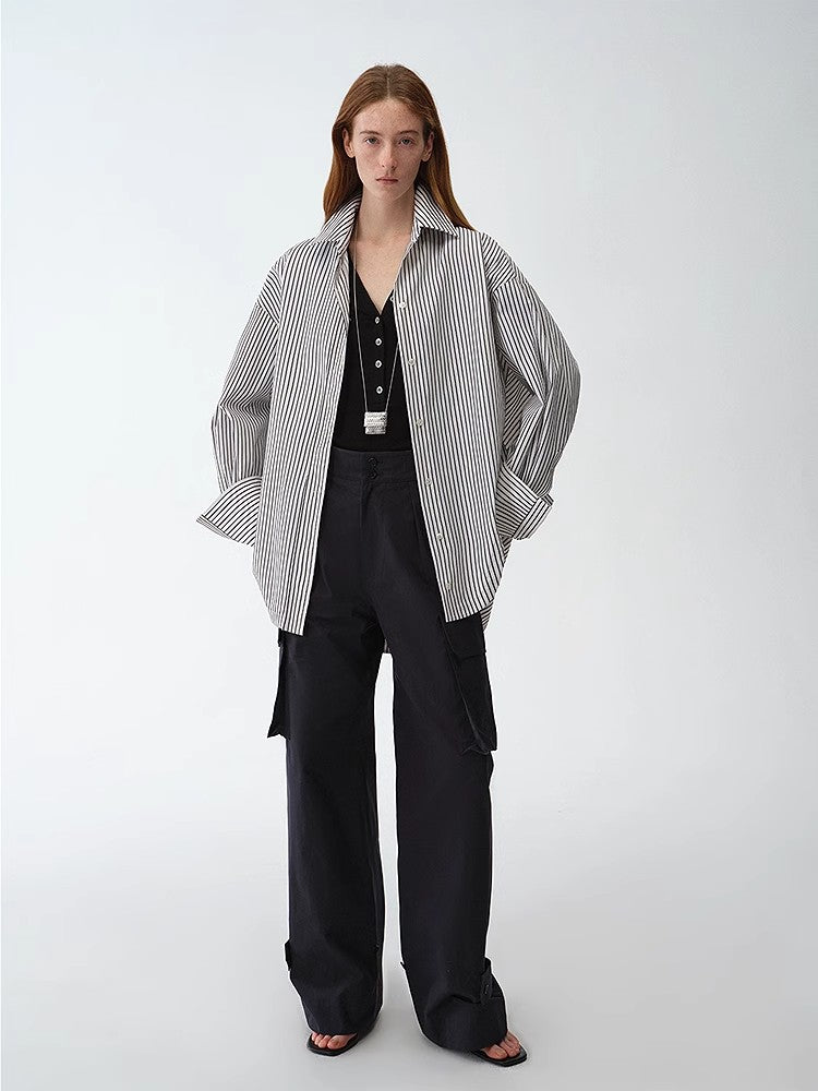 Casual Asymmetric Slanted Front Two-Wear Striped Long Sleeve Shirt