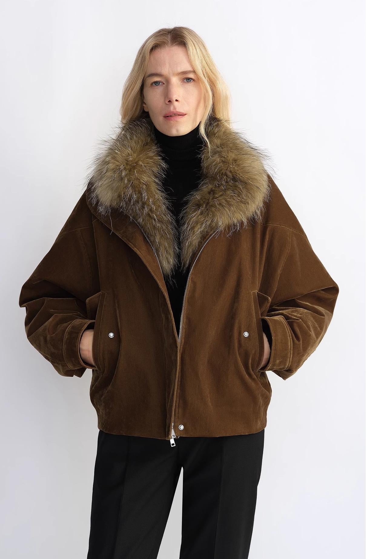 Fireladyfur Women's Loose Parka With Detachable Raccoon Fur Collar