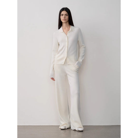 "Lazy Urban" Yangtze Merino Wool Polo-Neck Cardigan Straight-Leg Knitted Pants Suit