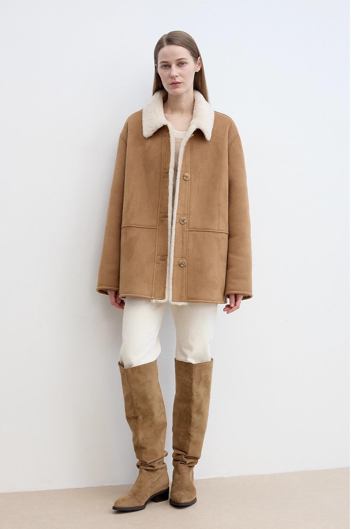 Women's Reversible Sheepskin-Look Jacket With Wool & Suede“Vintage Manor”