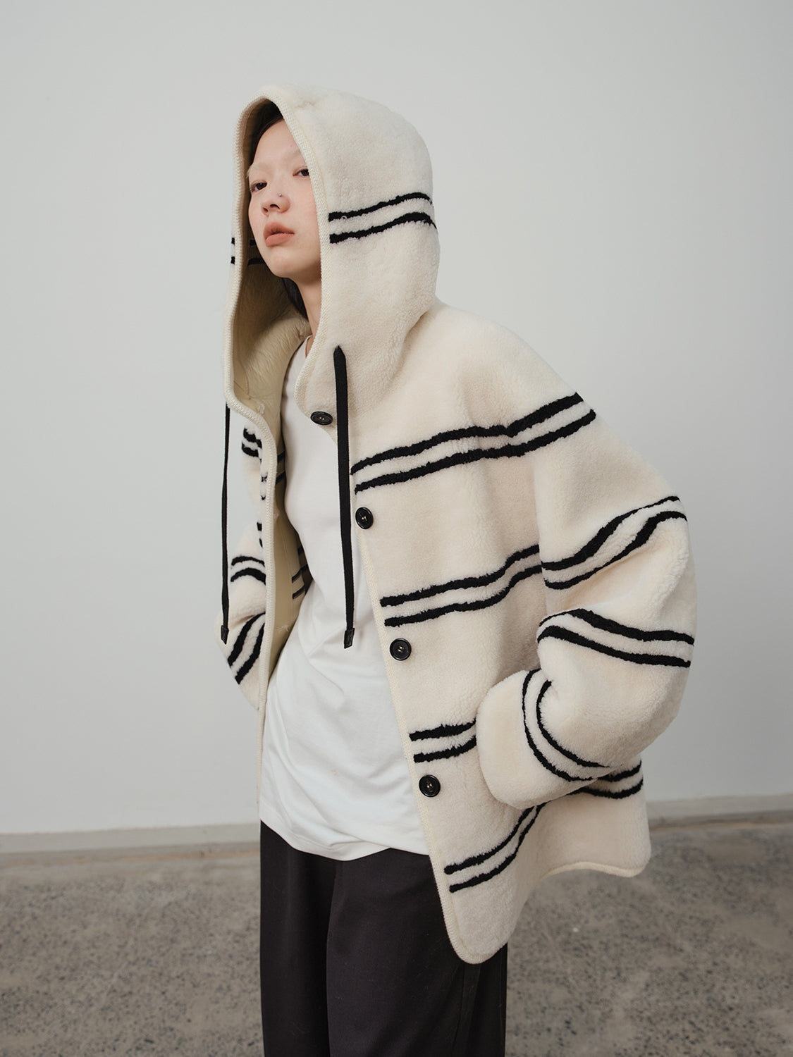 Snowy New Year Merino Sheepskin Lamb Wool Striped Jacket