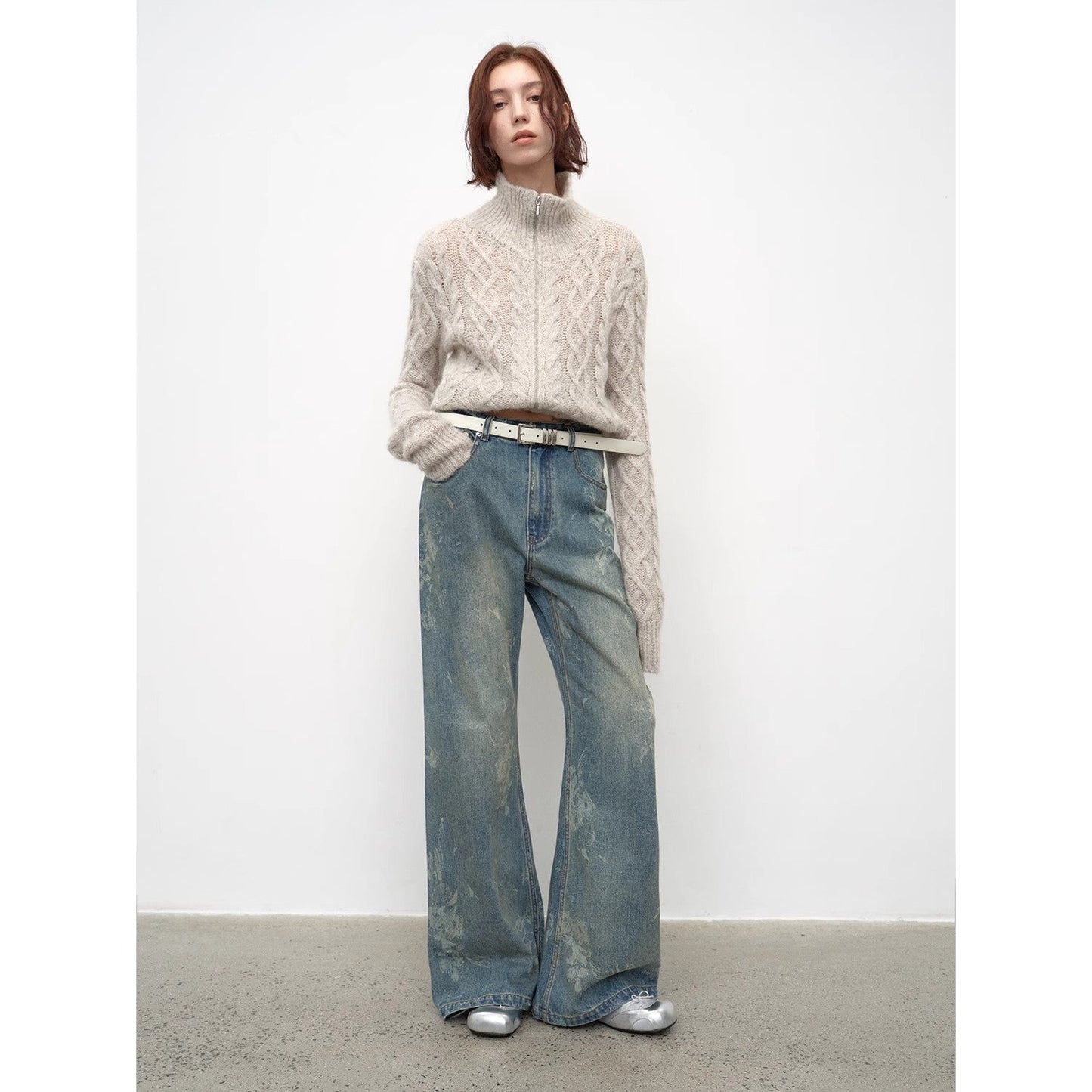 "Denim Shadow"retro Washed Printed Layered Casual Slimming Cotton Bootcut Jeans