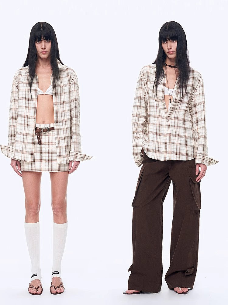 "Plaid Sketch" Vintage Linen Shirt Skirt Two-Piece Spring