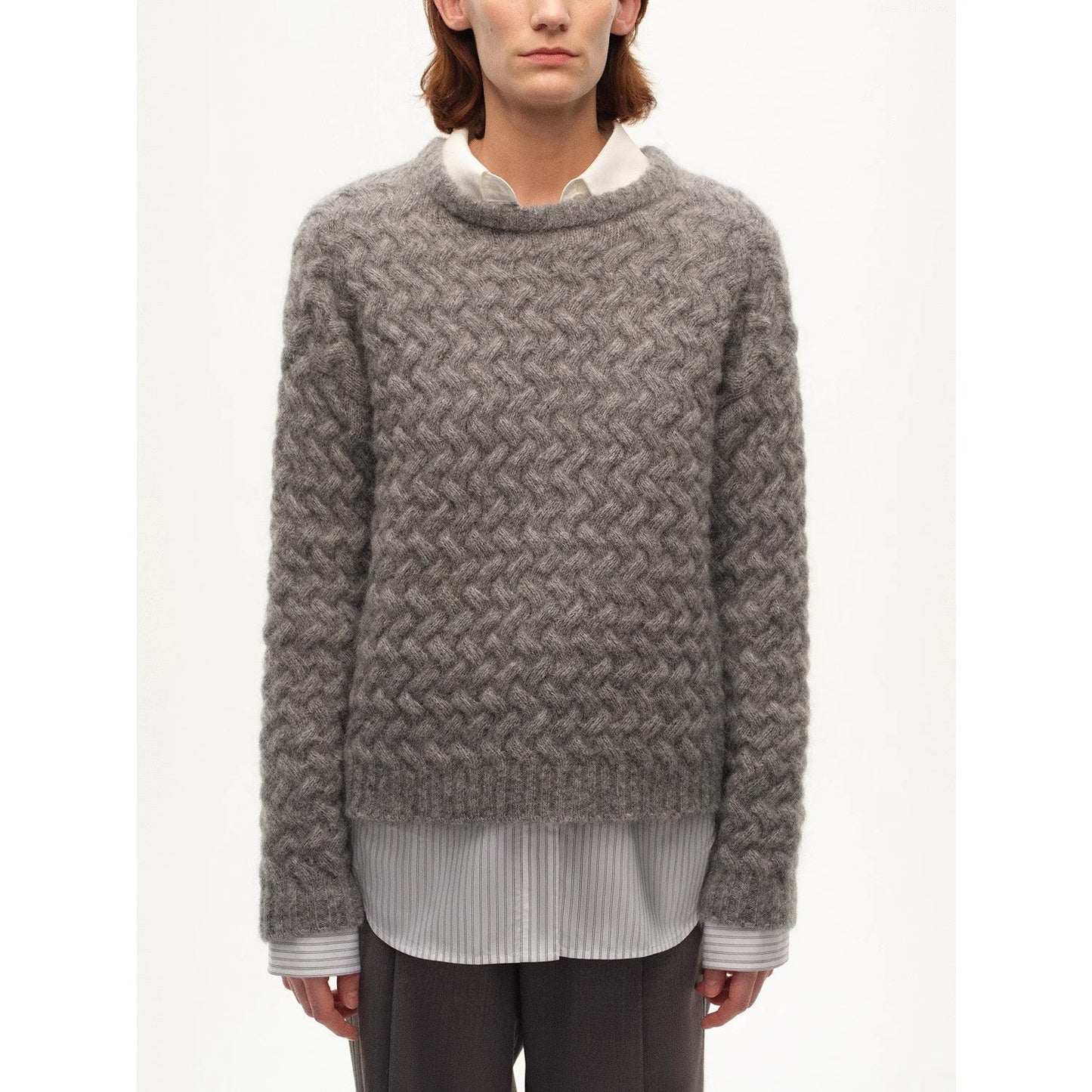 Classic Mohair Pullover Sweater w/ Textured Knit and Warmth-Enhancing Round Neck