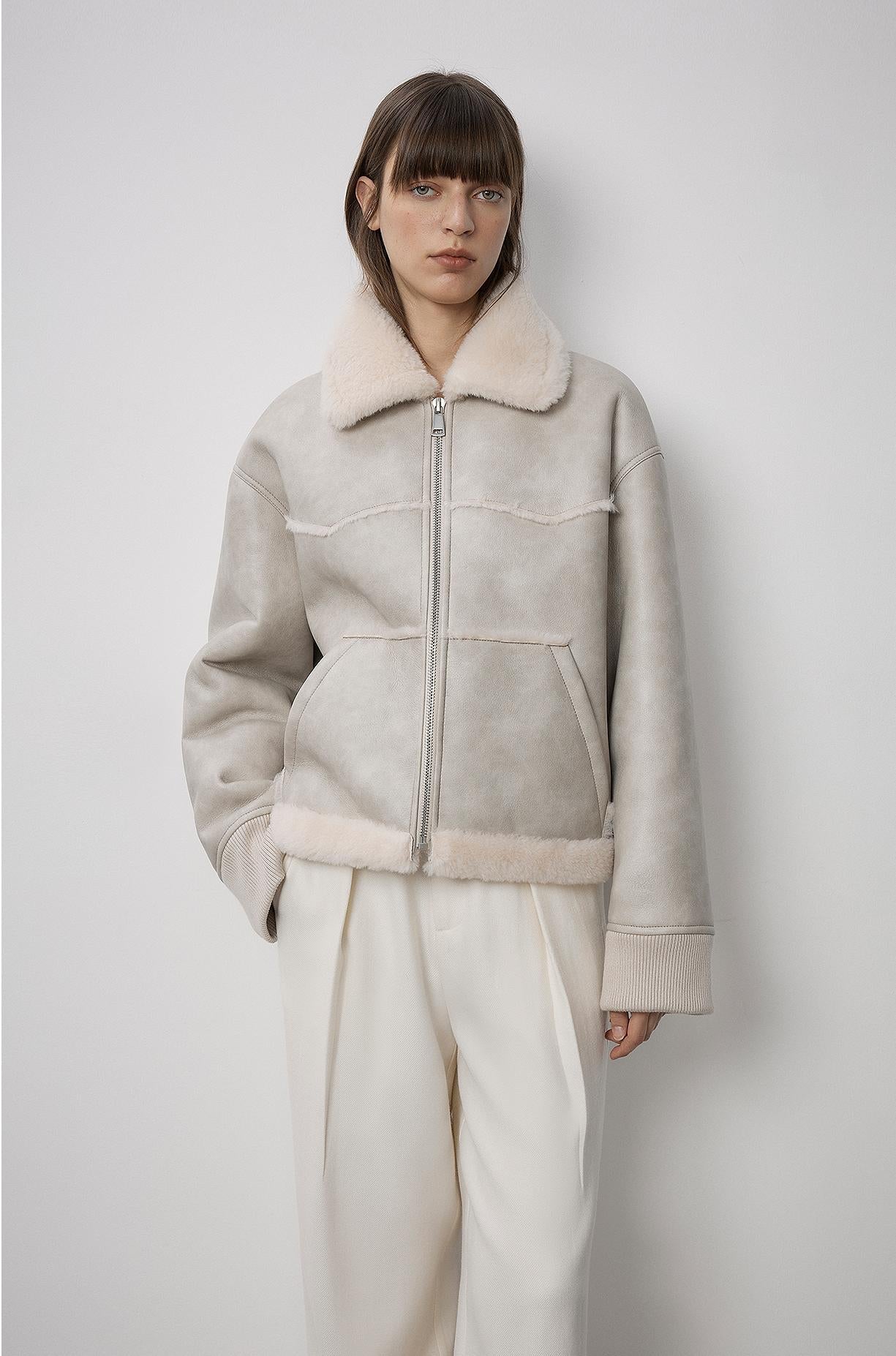 "Makino's Fun" Lapel Wool Artificial Compound Leather Short Style Shearling Jacket