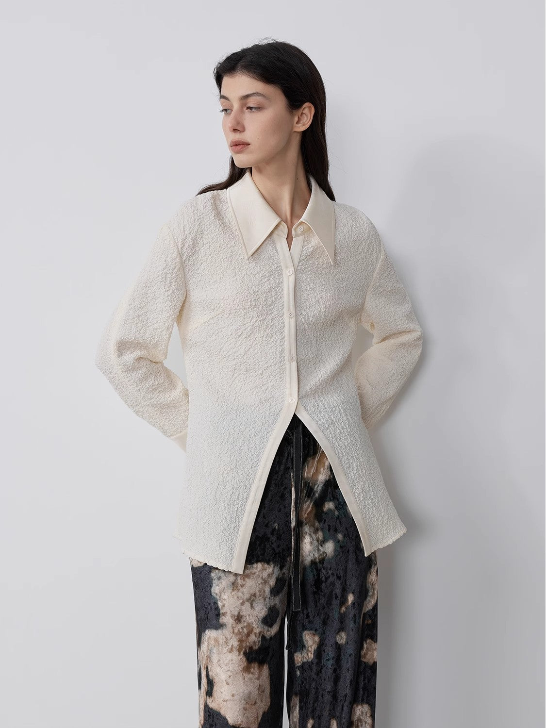 "Art Bubble" Retro Embossed Bubble Cotton Satin Stitching Long-Sleeved Shirt