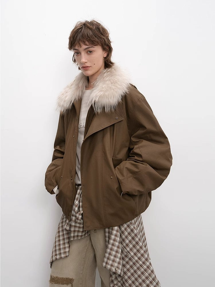 Fireladyfur Women's Warm Short Down Jacket With Raccoon Fur“Cutting-Edge Style”