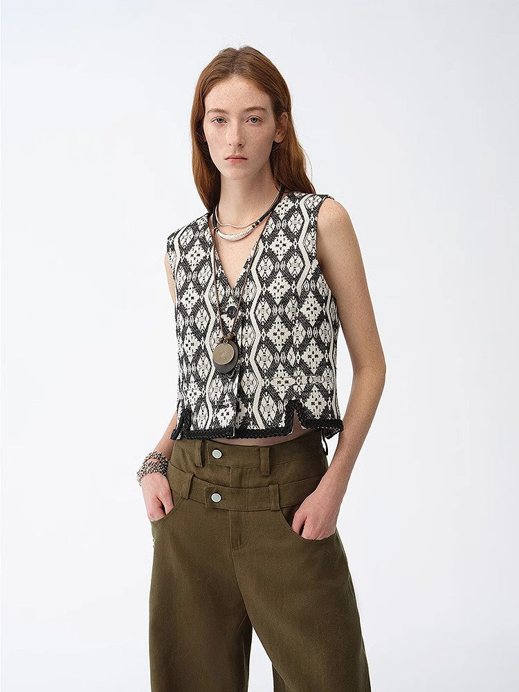 Classical Simple Silhouette Italian Imported Jacquard Ethnic Style V-Neck Vest