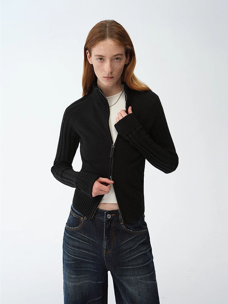 "Senna Melody" Oblique Placket Fine Merino Wool and Cotton Blend Zipper Knitted Cardigan Top for Women